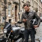 Motard consultant son smartphone pour comparer des offres d'assurance moto pas chère dans une rue pavée