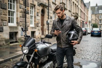 Motard consultant son smartphone pour comparer des offres d'assurance moto pas chère dans une rue pavée