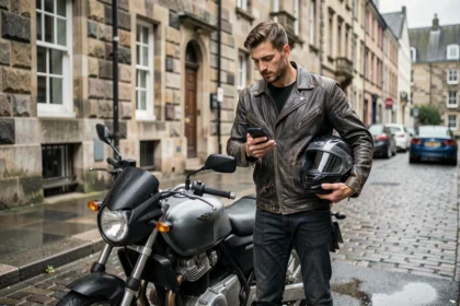 Motard consultant son smartphone pour comparer des offres d'assurance moto pas chère dans une rue pavée