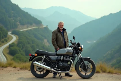 Motard en gear casual avec moto CB Boldor 900 en montagne