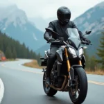 Motard équipé sur une moto puissante arrêtée sur une route de montagne sinueuse, paysage alpin en arrière-plan