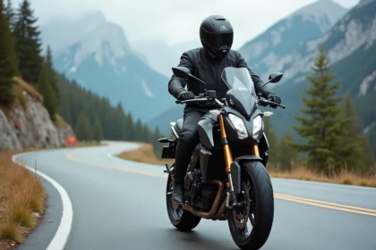 Motard équipé sur une moto puissante arrêtée sur une route de montagne sinueuse, paysage alpin en arrière-plan