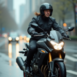 Motard urbain sous la pluie sur une moto moderne