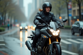 Motard urbain sous la pluie sur une moto moderne