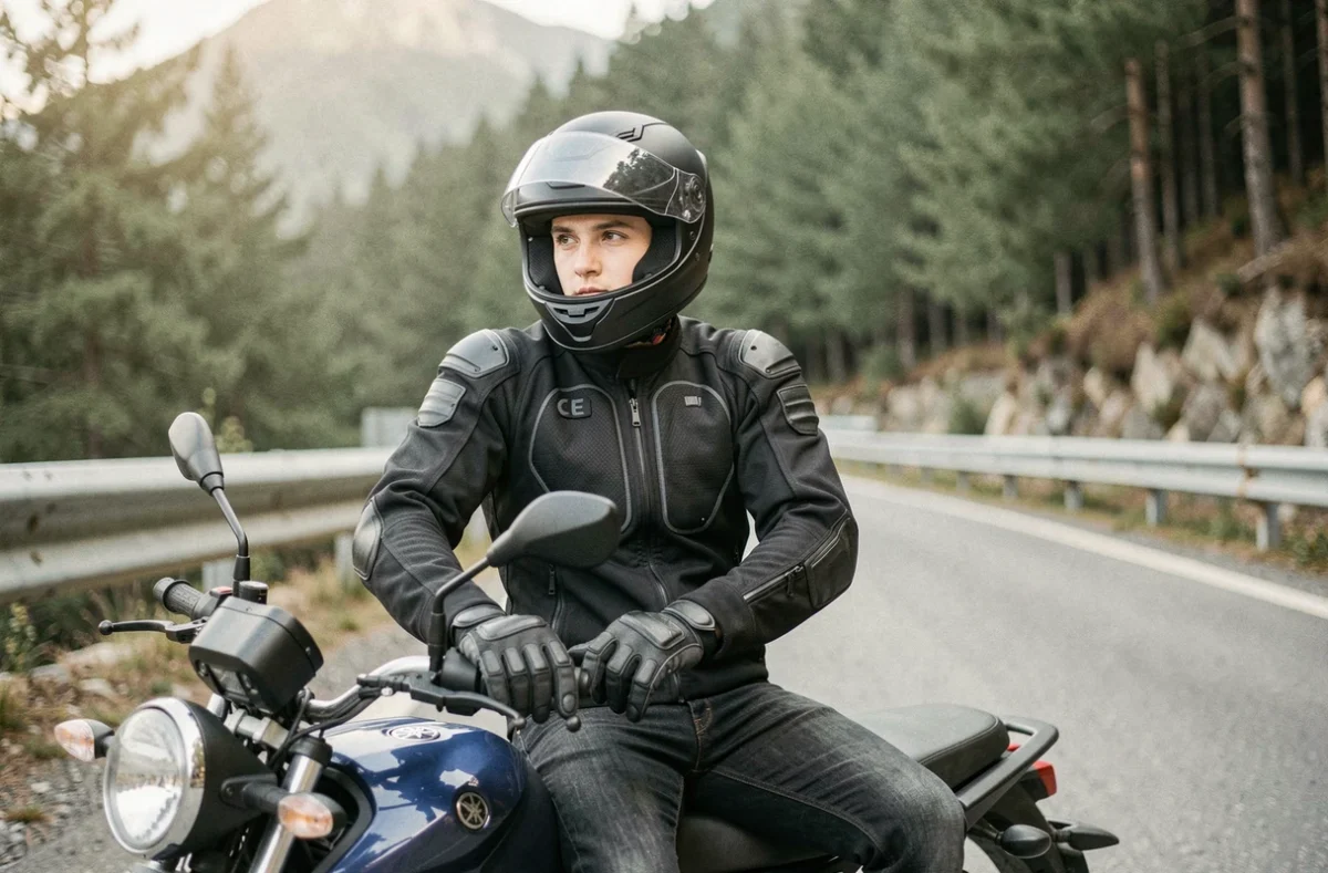 Motard sur une Yamaha MT-125 arrêté sur une route de montagne sinueuse entouré de forêt