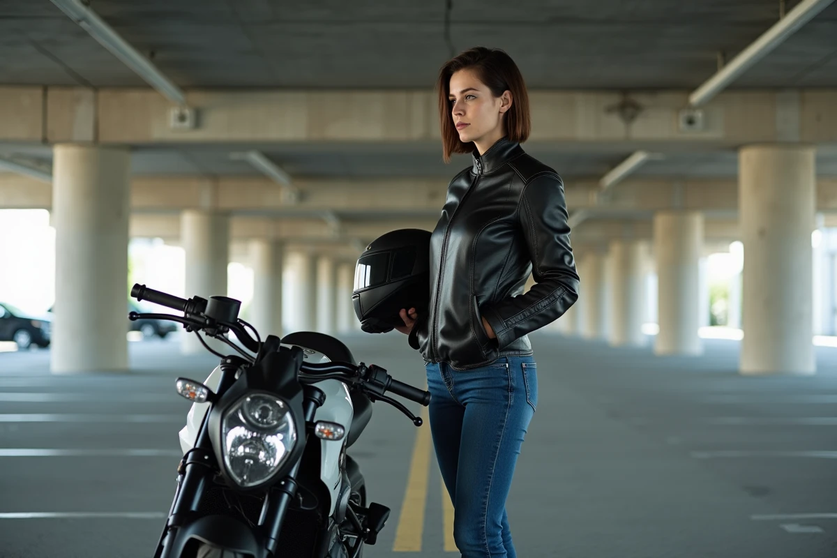 Motarde retirant son casque à côté d'une moto sportive dans un parking urbain, équipement de sécurité visible