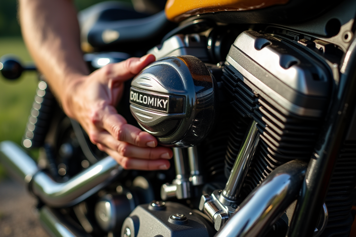 Moteur Harley 103 inspecte par un mecanicien en plein jour