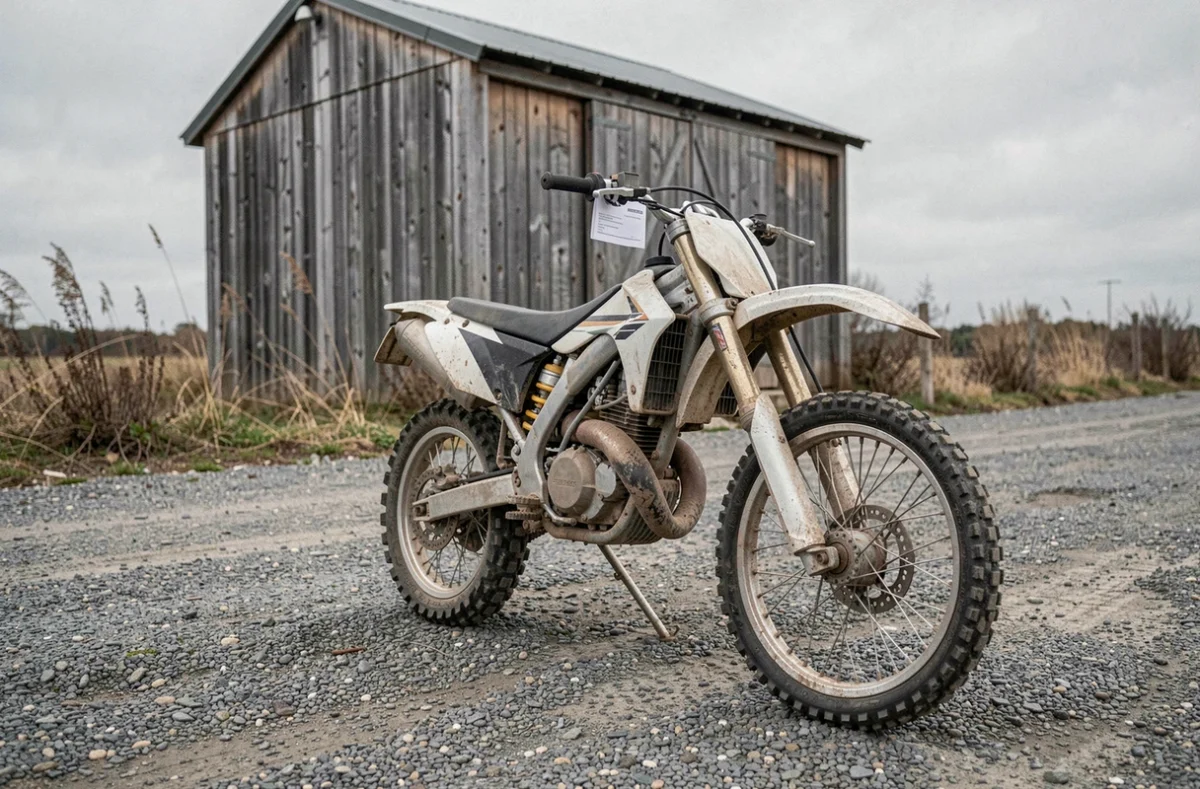 Moto cross garée sans plaque d'immatriculation avec un document d'assurance visible sur le guidon