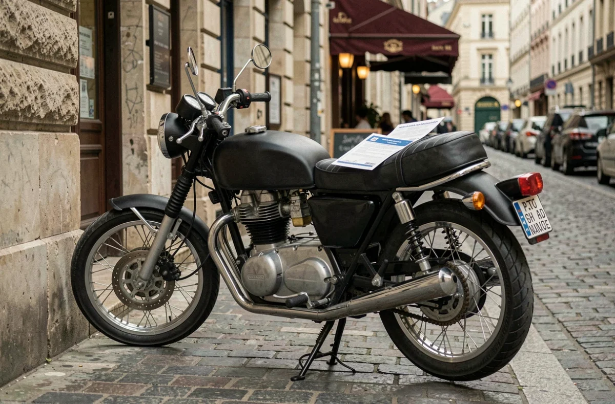 Moto garée dans une rue pavée française avec documents d'assurance posés sur la selle
