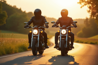 Deux motards roulant côte à côte sur une route verte ensoleillée
