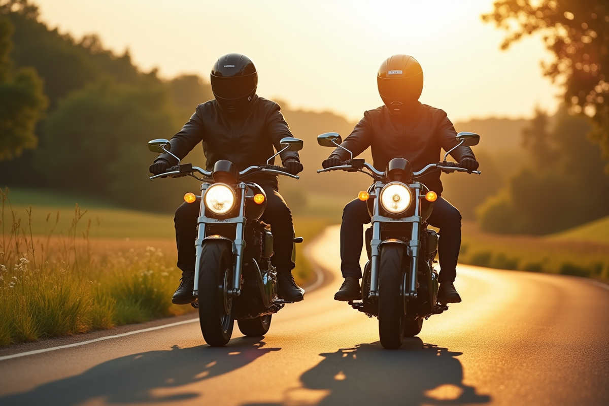 Deux motards roulant côte à côte sur une route verte ensoleillée