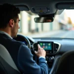 Homme cherchant une musique de pub Peugeot sur l'écran tactile de son tableau de bord