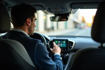 Homme cherchant une musique de pub Peugeot sur l'écran tactile de son tableau de bord
