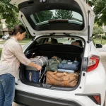 Femme organisant les bagages dans le coffre d'une Toyota C-HR pour un voyage en famille