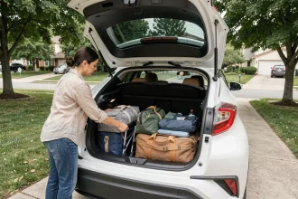 Femme organisant les bagages dans le coffre d'une Toyota C-HR pour un voyage en famille