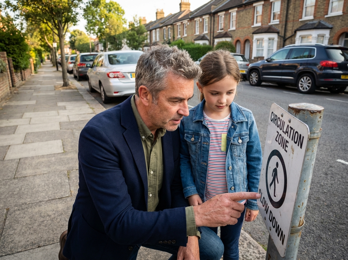 Père et fille examinant un panneau de circulation résidentiel