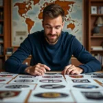 Passionné automobile étudiant des cartes avec logos de marques de voitures sur une table en bois