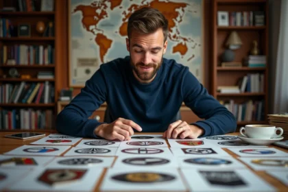 Passionné automobile étudiant des cartes avec logos de marques de voitures sur une table en bois