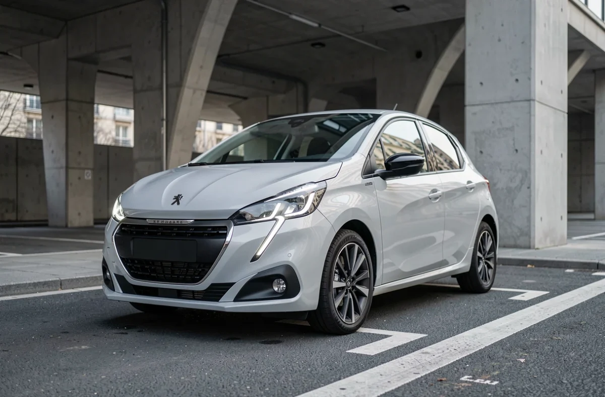 Peugeot 2026 photographiée en angle trois-quarts dans un parking urbain moderne de Paris avec architecture en béton