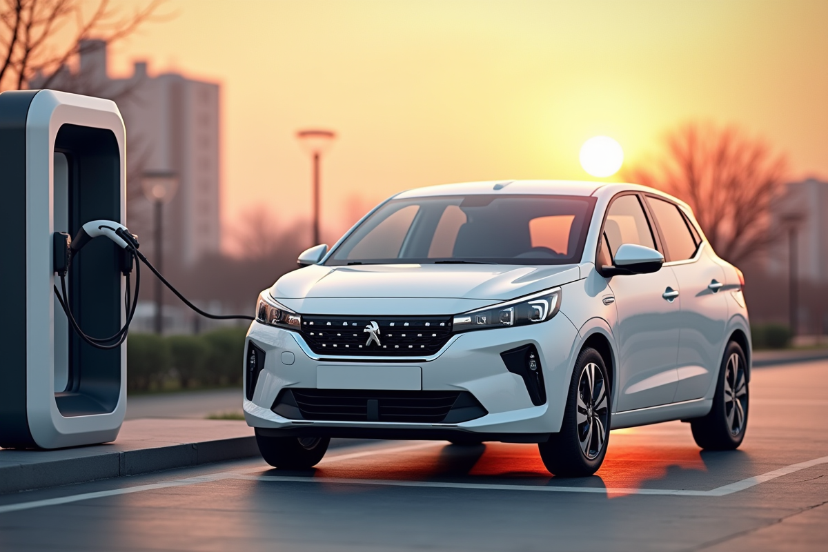 Peugeot 208 électrique en charge au coucher du soleil
