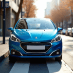 Voiture électrique Peugeot 208 bleue en ville en plein jour