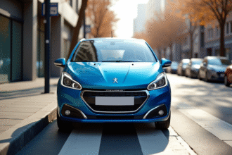 Voiture électrique Peugeot 208 bleue en ville en plein jour