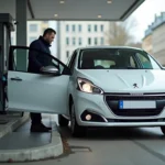 Homme vérifiant la consommation de carburant de sa Peugeot 208 1.2 PureTech à la station-service
