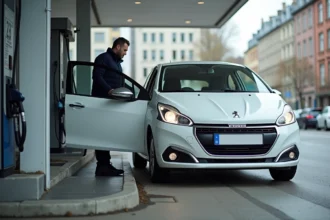 Homme vérifiant la consommation de carburant de sa Peugeot 208 1.2 PureTech à la station-service