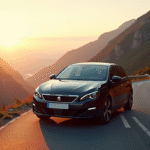 Peugeot 308 GT Line sur route de montagne au coucher du soleil