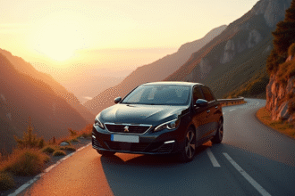 Peugeot 308 GT Line sur route de montagne au coucher du soleil