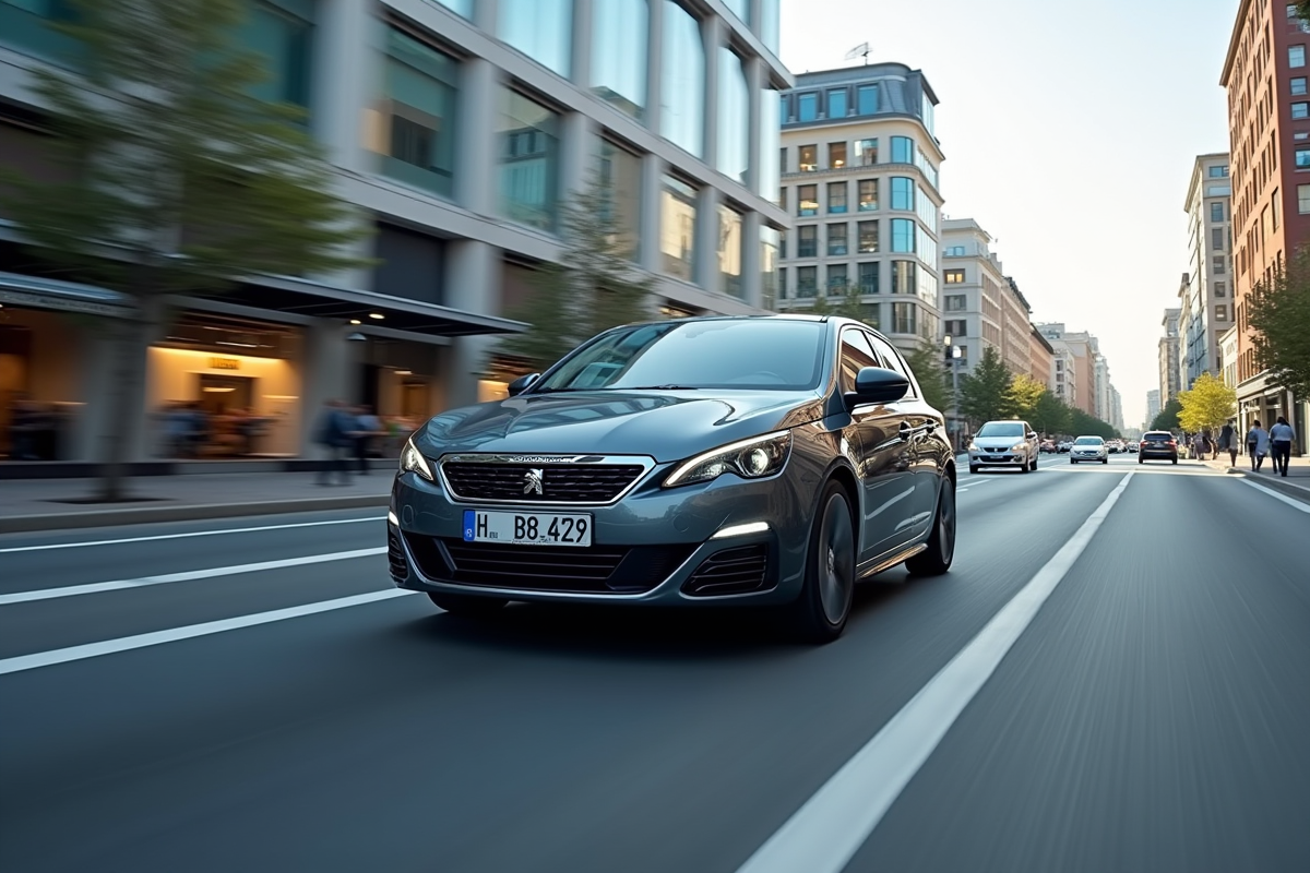 Peugeot 308 GT Line en mouvement en ville dynamique