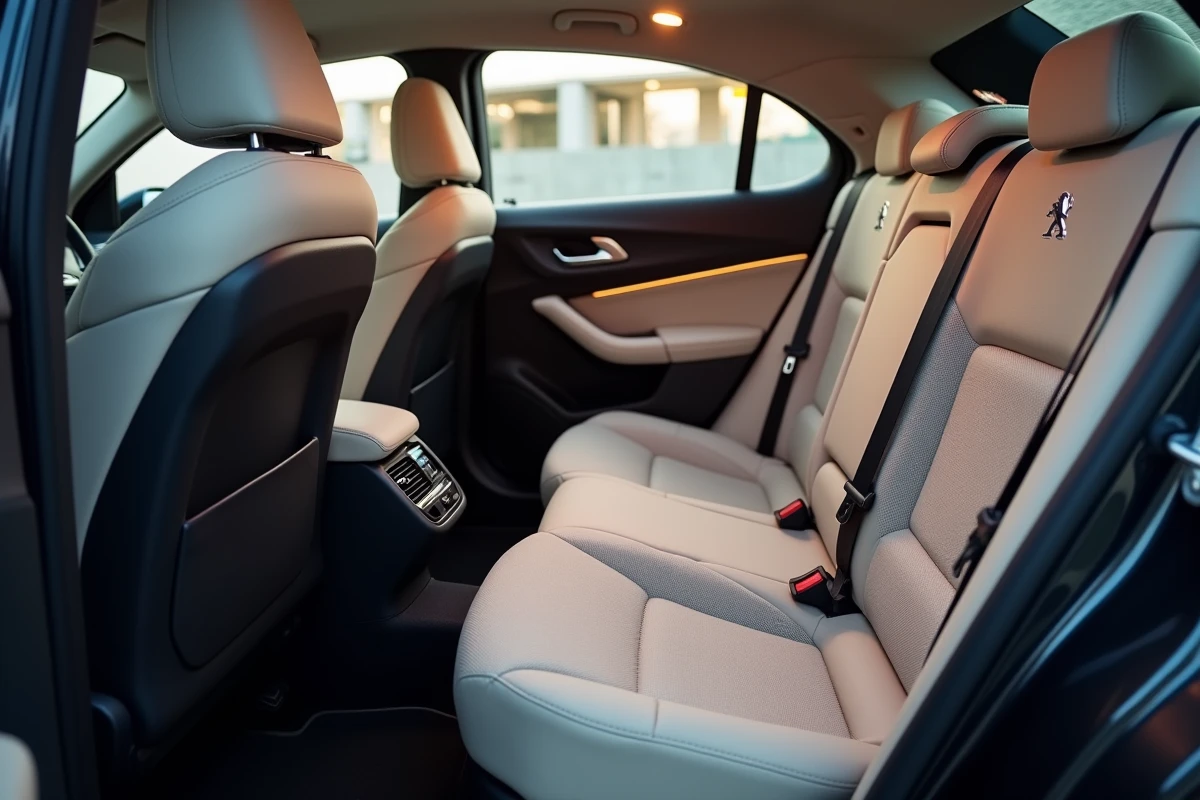 Habitacle arrière de la Peugeot 308 2026 avec matériaux premium et connectivité USB-C en showroom