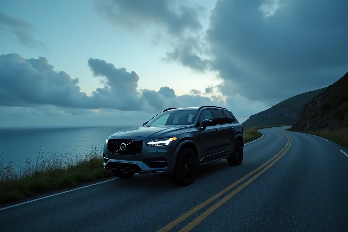 SUV Peugeot 5008 garé sur une route côtière au crépuscule, esthétique publicitaire évoquant la musique du spot Peugeot 5008
