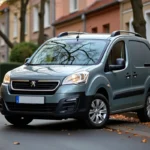 Peugeot Partner Tepee gris ardoise garé dans une rue pavillonnaire française en automne, vue trois quarts avant