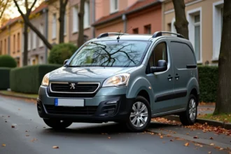 Peugeot Partner Tepee gris ardoise garé dans une rue pavillonnaire française en automne, vue trois quarts avant