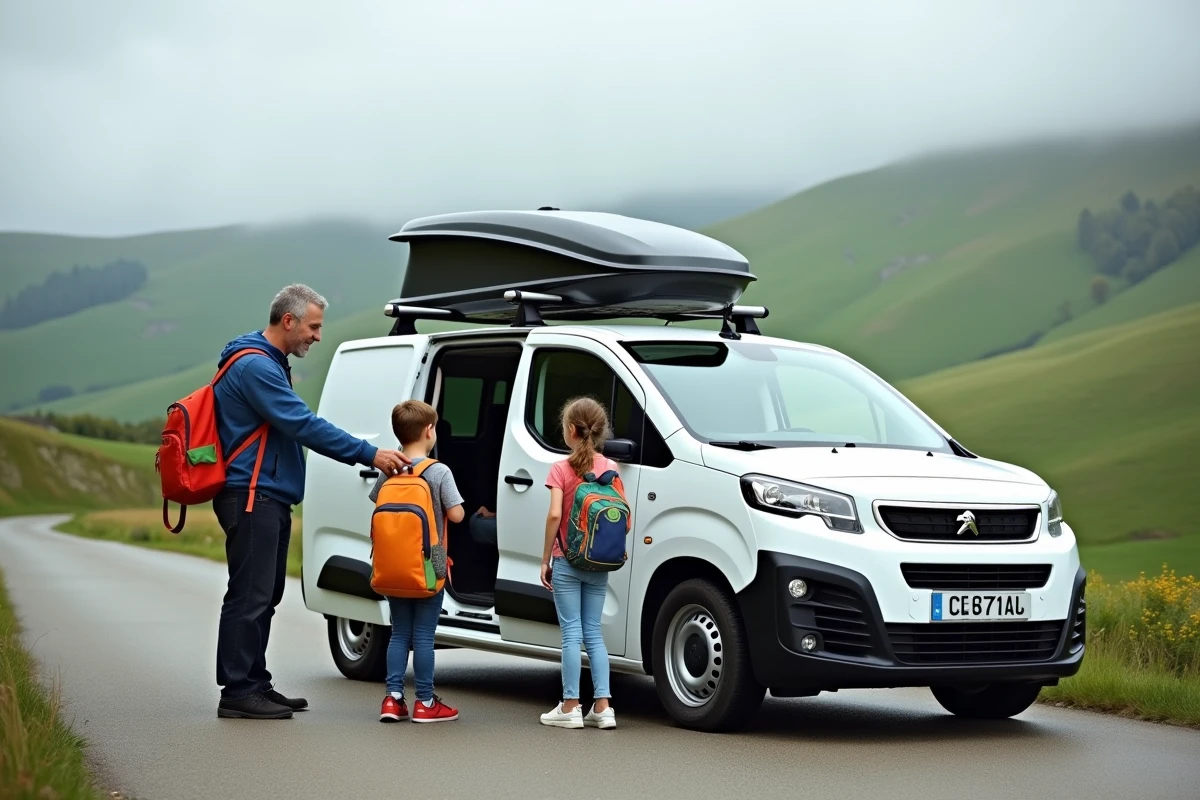 Famille chargeant un Peugeot Partner Tepee blanc lors d'un arrêt en route de vacances à la campagne française