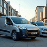 Voiture Peugeot Partner Tepee en ville avec autres véhicules