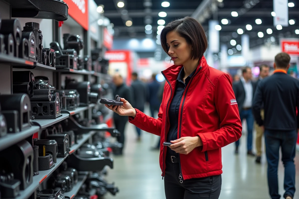 Femme examinant des pièces de suspension de compétition sur un stand lors d'un salon du sport automobile