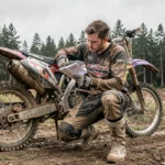 Pilote de moto cross examinant des documents d'assurance près de sa moto sans carte grise en forêt