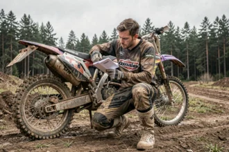 Pilote de moto cross examinant des documents d'assurance près de sa moto sans carte grise en forêt
