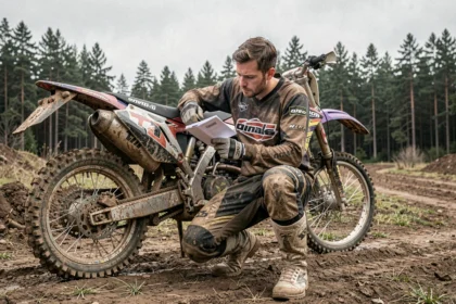 Pilote de moto cross examinant des documents d'assurance près de sa moto sans carte grise en forêt
