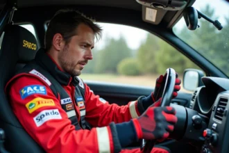 Pilote de rallye en combinaison ignifugée au volant d'une voiture de rallye, étudiant ses notes de navigation avant le départ