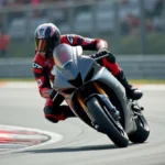 Pilote moto en plein virage sur un superbike 1000cc en piste, comparatif puissance moto