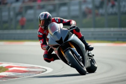 Pilote moto en plein virage sur un superbike 1000cc en piste, comparatif puissance moto