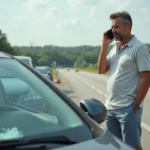 Homme au téléphone près d'une voiture avec pare-brise endommagé