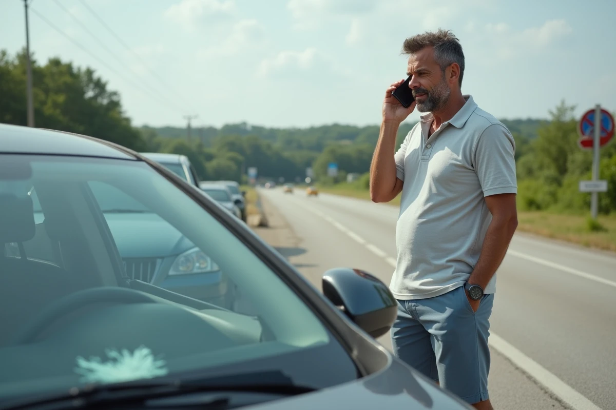 Homme au téléphone près d'une voiture avec pare-brise endommagé