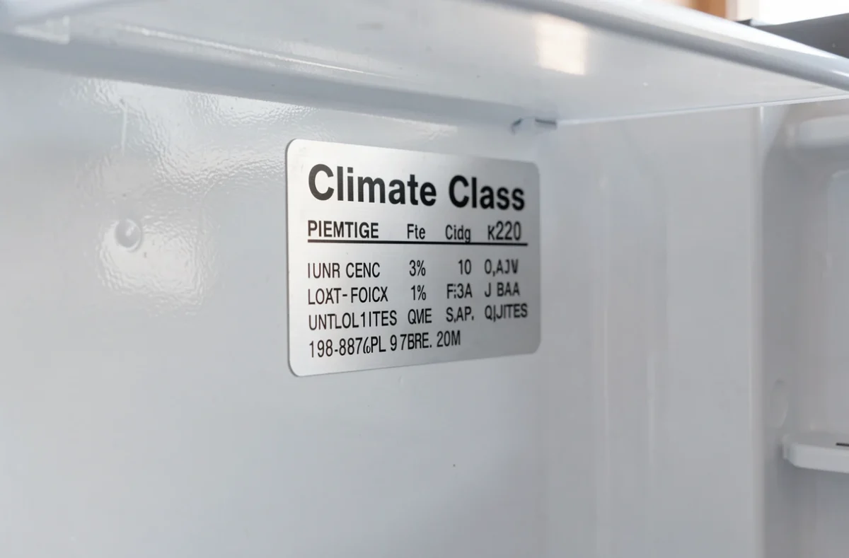 Plaque signalétique d'un réfrigérateur indiquant sa classe climatique