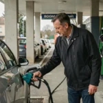 Automobiliste faisant le plein d'essence dans une station-service de Roanne pendant les heures creuses pour économiser sur le carburant