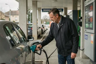 Automobiliste faisant le plein d'essence dans une station-service de Roanne pendant les heures creuses pour économiser sur le carburant