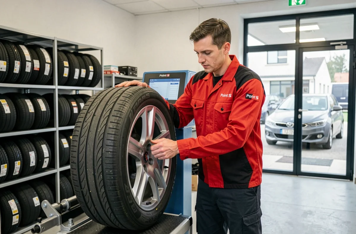 Technicien Point S montant un pneu neuf sur une machine d'équilibrage dans le centre de Saint-Vit